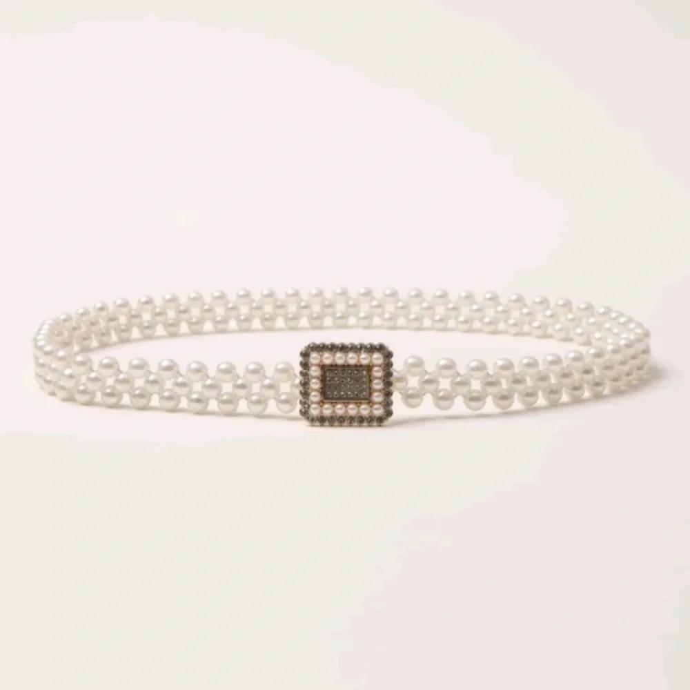Faux‎ white pearl beaded square buckle elegant elastic stretch waist belt
